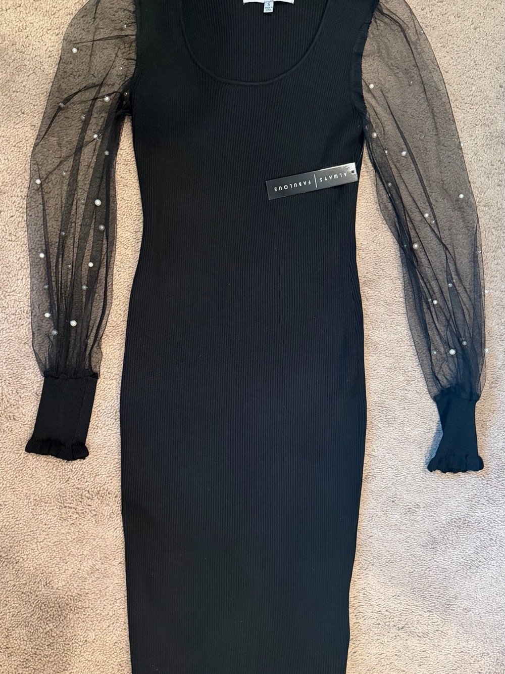 Absolutely Famous Black Ribbed Midi Dress with Sheer Pearl-Embellished Sleeves